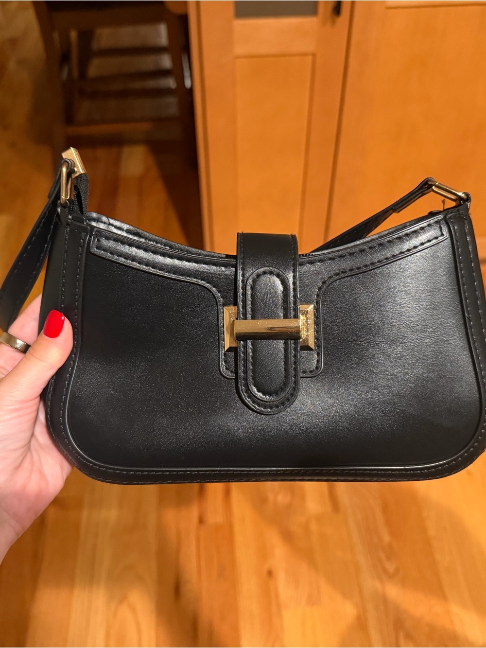 Black Leather Shoulder Bag with Gold-Tone Hardware